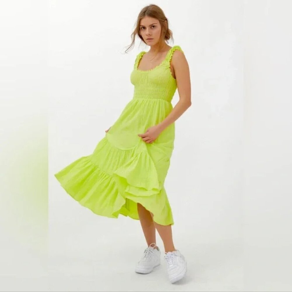 Urban Outfitters Neon Smocked Ruffle Midi Dress - Green - Size Small